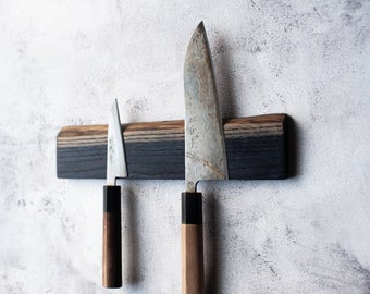 Black Magnetic Knife Holder. Live edge wood knive rack, Magnet block, knives strip, wall or fridge mounted. Utensils, tools, key bar.