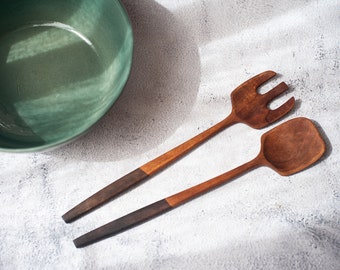 Artisan Walnut Wood Salad Servers, One-of-a-kind Mediterranean Wood Salad Serving. Unique Kitchen Utensils. Wooden cutlery. Table decor