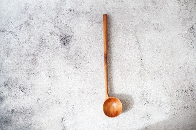 Wild cherry wooden spoon hand carved. Original round scoop for tea, sugar. Unique wooden coffee spoon. Long handled spoon. Eating, serving. image 5