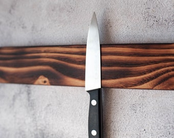 Magnetic burnt wood Knife Rack. Chestnut wooden Knife holder, Magnet block, knives strip, wall or fridge mounted. Wooden display.
