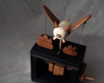 Flying pig automate handcrafted. Wooden Kinetic Sculpture, Automaton handmade wood. Original gift, Wooden figurine automatic. Present idea.