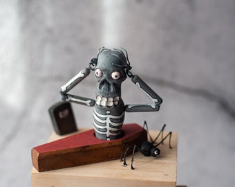 Wooden skeleton automate hand crafted Kinetic Sculpture. Automaton handmade wood Original creepy Wooden figurine automatic Gifts idea Zombie
