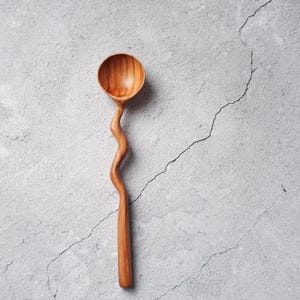 Wavy wooden spoon hand carved. Olive wood round scoop for tea, sugar. Long handled coffee scoop, witchcraft.