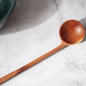 Wild cherry wooden spoon hand carved. Original round scoop for tea, sugar. Unique wooden coffee spoon. Long handled spoon. Eating, serving. image 2