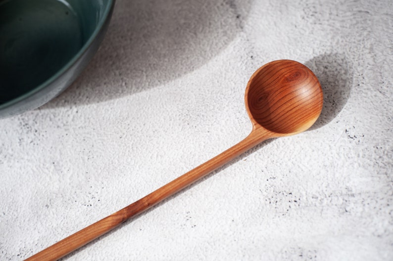 Wild cherry wooden spoon hand carved. Original round scoop for tea, sugar. Unique wooden coffee spoon. Long handled spoon. Eating, serving. image 2