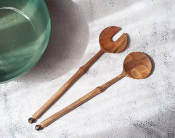 Artisan Walnut Wood Salad Servers, One-of-a-kind Mediterranean Wood Salad Serving. Unique Kitchen Utensils. Wooden cutlery. Table decor