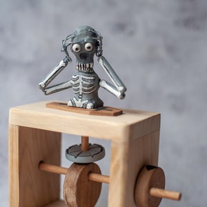Wooden skeleton automate handcrafted Kinetic Sculpture Automaton handmade wood Original creepy Wooden figurine automatic Gifts idea Zombie