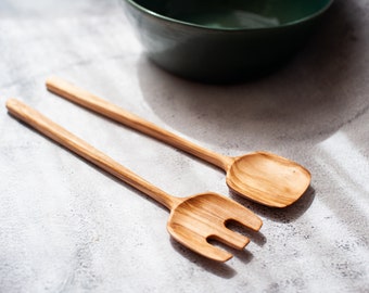 Olive Wood salad servers hand carved. Spoon and fork serving set. Kitchen decor. Salad cutlery, table decor. Housewarming gift