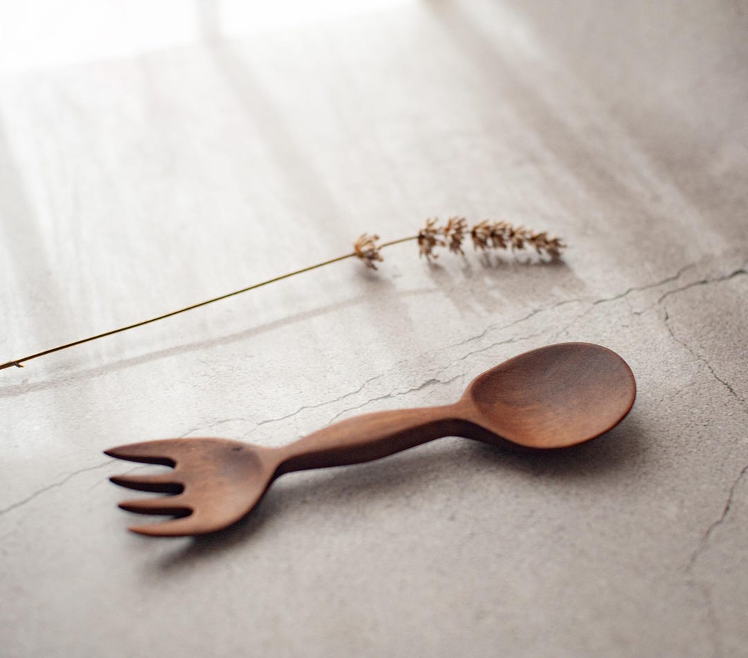 Compact Spoon and Fork Hand Carved. Walnut Wood Small Eating Spoon ...
