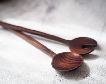 Artisan Walnut Wood Salad Servers, One-of-a-kind Mediterranean Wood Salad Serving. Unique Kitchen Utensils. Wooden cutlery. Table decor