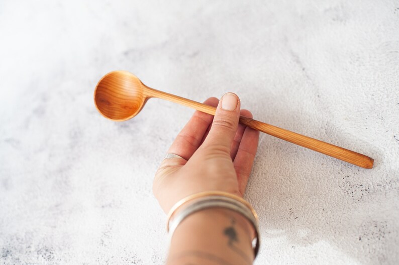 Wild cherry wooden spoon hand carved. Original round scoop for tea, sugar. Unique wooden coffee spoon. Long handled spoon. Eating, serving. image 6