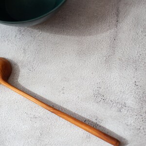 Wild cherry wooden spoon hand carved. Original round scoop for tea, sugar. Unique wooden coffee spoon. Long handled spoon. Eating, serving. image 3