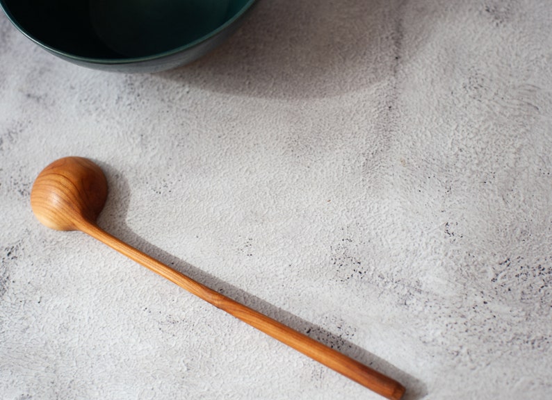 Wild cherry wooden spoon hand carved. Original round scoop for tea, sugar. Unique wooden coffee spoon. Long handled spoon. Eating, serving. image 3