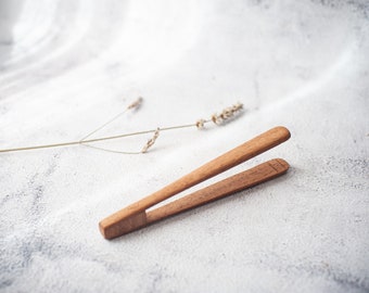 Small wooden cooking tongs handcarved from Walnut wood, wooden serving utensil, natural wood artisan tongs. One-of-a-kind tongs.