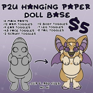 Könnte beinhalten: Digitales Kunstwerk einer P2U Hanging Paper Doll Base. Das Bild zeigt eine graue Puppenbasis und eine fertige Puppe in den Farben Beige, Lila und Creme. Text enthält die Anzahl der Toggles für verschiedene Körperteile und den Preis.