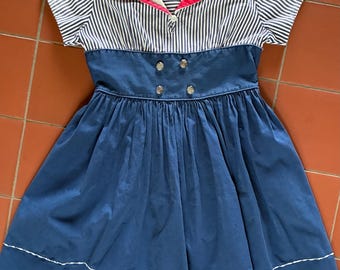 Vintage 60s Girls Blue and White Striped Sailor Dress by Cinderella