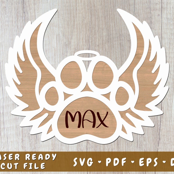 Personalizable Dog Paw Angel Wings with Halo SVG, Dog Memorial Laser SVG, Paw Print Svg Cut File, Dog Paw Dxf, Dog Paw Angel Wings Design