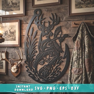 Deer Duck Bass Fish in Hook Laser SVG | Hunting Fishing Metal Wall Art DXF | Buck Wildlife Plasma CNC Cut File | Rustic Outdoor Decor