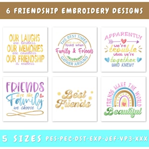 Pacote de desenhos de bordados com citações de amizade - 6 desenhos, padrões de bordados de amigos, arquivos de bordados com ditados de amizade, PES de melhores amigos