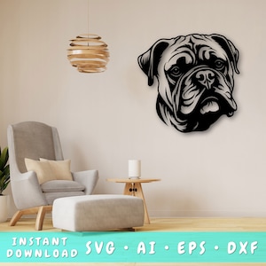 Englische Bulldogge Laser SVG Schnittdatei, Englische Bulldogge Wand Kunst SVG, DXF, Englische Bulldogge Kopf Vektor Schnitt Datei, Englische Bulldogge Laser bereit