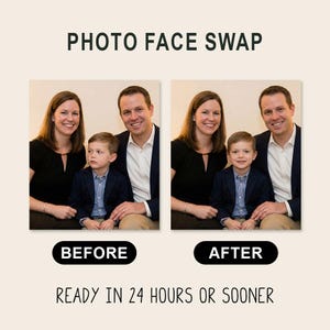 以下が含まれることがあります： 写真の顔交換サービスの画像。画像には、顔交換前後の家族が写っています。テキストは「PHOTO FACE SWAP」、「BEFORE」、「AFTER」、「READY IN 24 HOURS OR SOONER」と書かれています。