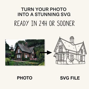 Könnte beinhalten: Bild zeigt ein Foto eines Hauses, das sich in eine SVG-Datei verwandelt. Der Text lautet: „WANDLE DEIN FOTO IN EIN ATEMBERAUBENDES SVG UM, FERTIG IN 24 STUNDEN ODER SCHNELLER.“ Das Foto zeigt ein Haus mit Backsteinfassade, während das SVG eine Schwarz-Weiß-Strichzeichnung ist.
