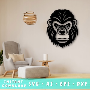 Gorilla Laser SVG Cut File, Gorilla Wall Art SVG, DXF, Eps, Gorilla Head Vector Cut File, Gorilla Laser Ready Svg