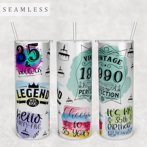 35th Birthday Tumbler Wrap, 20oz Skinny Tumbler PNG File, Seamless Tumbler Sublimation Design, Vintage 1990 Tumbler PNG, 35 and Fabulous PNG
