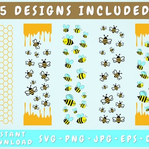Envoltório de caneta de abelha SVG - 5 designs, envoltório de caneta com brilho de mel SVG, envoltório de caneta de favo de mel, arquivos de corte de caneta de abelha, designs de envoltório de caneta de abelha