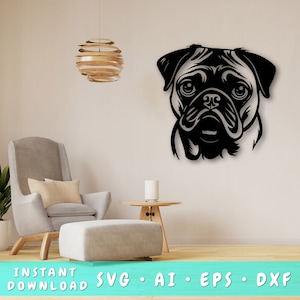 Pug laser gesneden SVG-bestand, pug muur kunst SVG, DXF, eps, pug hoofd vector gesneden bestand, pug laser klaar Svg, pug cnc