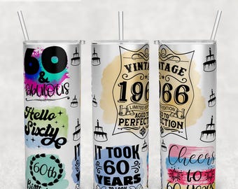 Envoltura para vaso de 60 cumpleaños, vaso delgado de 20 oz, archivo PNG, diseño de sublimación sin costuras, vaso vintage de 1966, 60 y fabuloso PNG