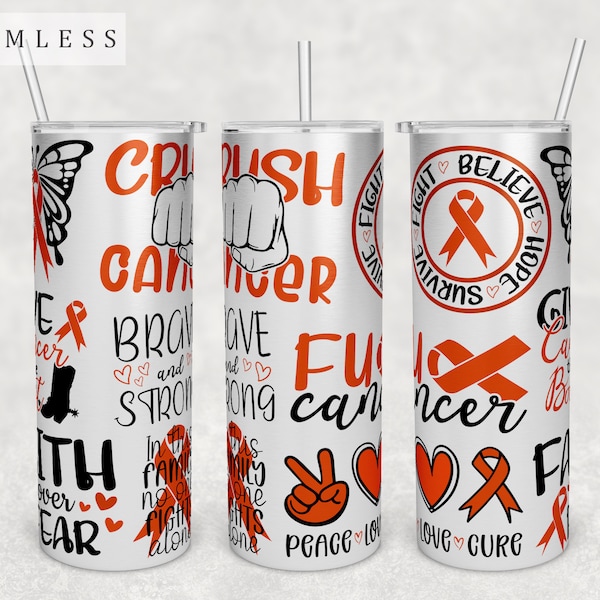 Kidney Cancer Awareness Tumbler Wrap, 20oz Skinny Tumbler PNG File, Seamless Tumbler Sublimation Design, Kidney Cancer PNG, Orange Ribbon