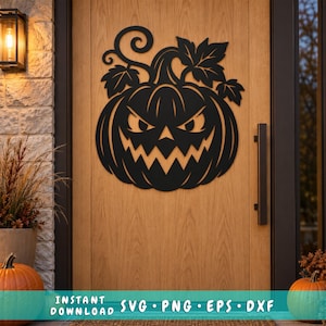 May include: A black, flat, laser-cut metal wall decoration shaped like a jack-o'-lantern pumpkin with a jagged, angry face and leafy vine details. The design is displayed on a wooden door, featuring sharp, pointed eyes and a toothy grin.