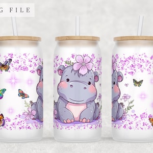 Little Hippo Libbey Glass Can Wrap, 16oz Glass Can PNG File, Baby Hippo Glass Can Sublimation Design, Cute Hippo Glass Can PNG