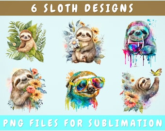 Sloth Sublimation Designs Bundle, 6 Sloth PNG Files, Sloth In Sunglasses PNG, Colorful Sloth Clipart, Cute Sloth PNG
