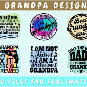 Paquete de diseños de sublimación de abuelos, 6 archivos PNG con frases de abuelos, El mejor abuelo del mundo, Club de abuelos geniales, Me llaman abuelo