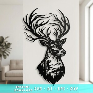 Pode incluir: Arte de parede de cabeça de veado em metal preto com chifres intrincados. A silhueta do veado apresenta um caçador em uma cena florestal. O texto "INSTANT DOWNLOAD SVG AI EPS DXF" está na parte inferior.