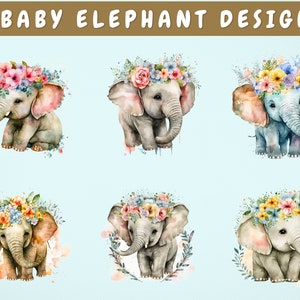 Baby Elephant Sublimation Designs Bundle, 6 Little Elephant PNG Files, Floral Elephant PNG, Colorful Elephant Clipart, Cute Elephant PNG