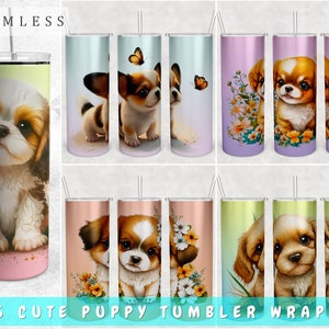 Lot d'enveloppes de gobelet chiot mignon, 5 modèles, fichiers PNG gobelet skinny 20 oz, sublimation de gobelet chiot sans couture dessins, petit chiot PNG