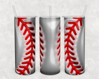 May include: A set of three stainless steel tumblers with a baseball design. The tumblers are cylindrical and feature a gray background with a red baseball stitch design. Each tumbler has a silver straw.