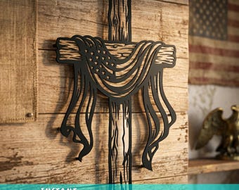 Patriotic Cross Metal Wall Art SVG | American Flag Cross DXF | Plasma Cut CNC File | Rustic Cross Design | Memorial Laser Cut Svg