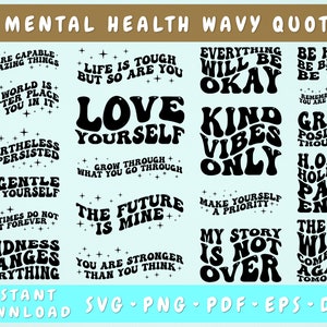 Pacote SVG de citações bacanas de saúde mental, 20 designs, letras onduladas de saúde mental SVG, provérbios SVG retrô de amor próprio, camisa de saúde mental Svg
