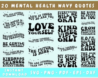 Mental Health Groovy Quotes SVG Bundle, 20 Designs, Mental Health Wavy Letters SVG, Self Love Retro SVG Sayings, Mental Health Shirt Svg