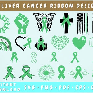 Liver Cancer Ribbon SVG Bundle, 25 Designs, Liver Cancer Clipart, Cancer Butterfly Svg, Emerald Ribbon SVG, Liver Cancer Png