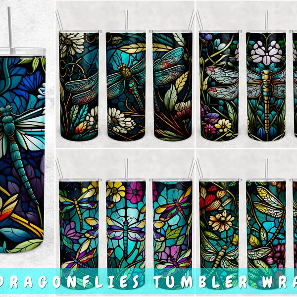 Stained Glass Dragonflies Tumbler Wraps Bundle, 5 Designs, 20oz Skinny Tumbler PNG Files, Dragonfly Tumbler Sublimation Designs