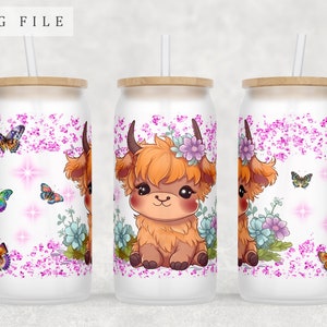 Baby Highland Kuh Libbey Glasdosenverpackung, 16 Unzen Glasdose PNG-Datei, kleine Färse Glasdose Sublimationsdesign, Highland Kuh Glasdose PNG