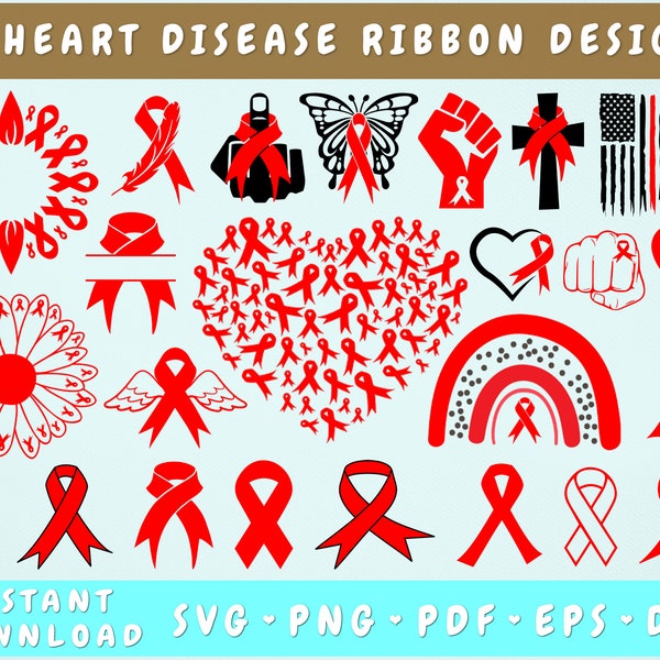 Heart Disease Awareness SVG Bundle, 25 Designs, Heart Disease Clipart, Heart Disease Sunflower SVG, Red Ribbon SVG, Heart Disease Png Files