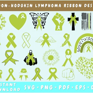 May include: 25 Non-Hodgkin Lymphoma Ribbon Designs. A collection of green ribbon designs in various shapes, including hearts, butterflies, sunflowers, and rainbows. The designs are perfect for creating awareness and support for Non-Hodgkin Lymphoma.
