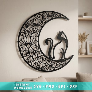 Puede incluir: Arte de pared de metal negro con la silueta de un gato sentado en una luna creciente. La luna está adornada con diseños florales y de hojas. La imagen incluye el texto "INSTANT DOWNLOAD SVG • PNG • EPS • DXF".