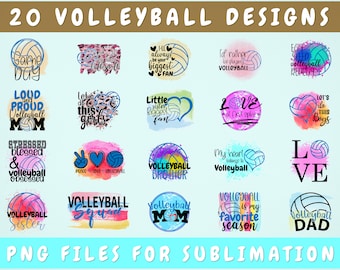 May include: Twenty colorful digital designs featuring volleyball imagery and text. The designs include phrases like "Game Day", "Volleyball Sister", "Volleyball Mom", and "Volleyball Dad".